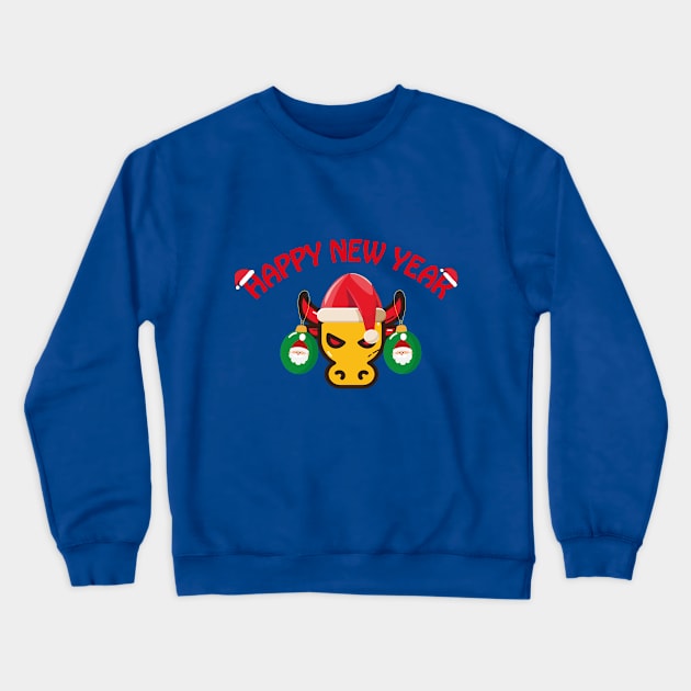 Christmas illustration depicting a bull and Christmas tree decorations on his horns Crewneck Sweatshirt by whatever comes to mind 2